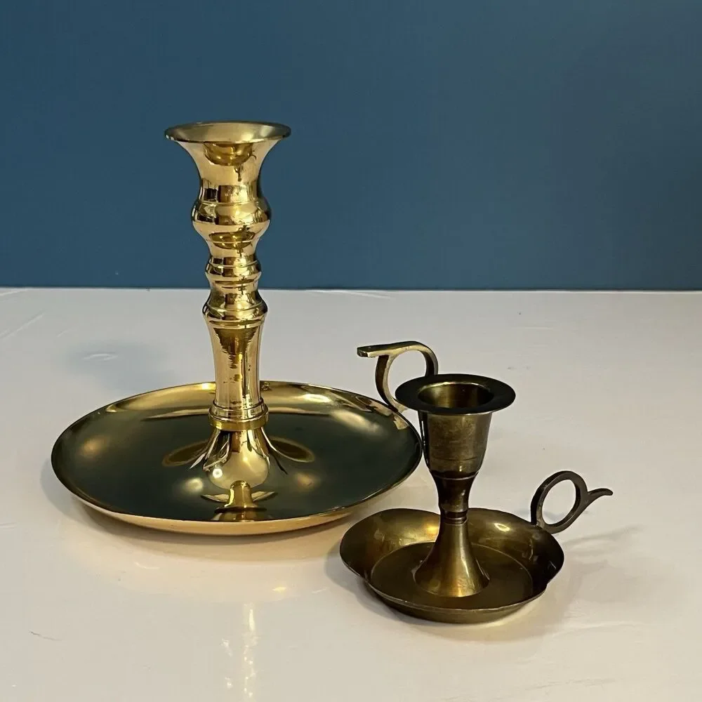 Vintage Brass Chamberstick Candle Holders Lot of 2 Different Sizes Ring Handle